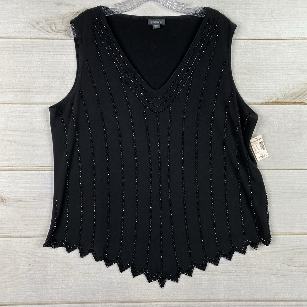 Dressbarn Womens Top 18/20 Black Sleeveless Studded V Neck Stretch Dressy NWT